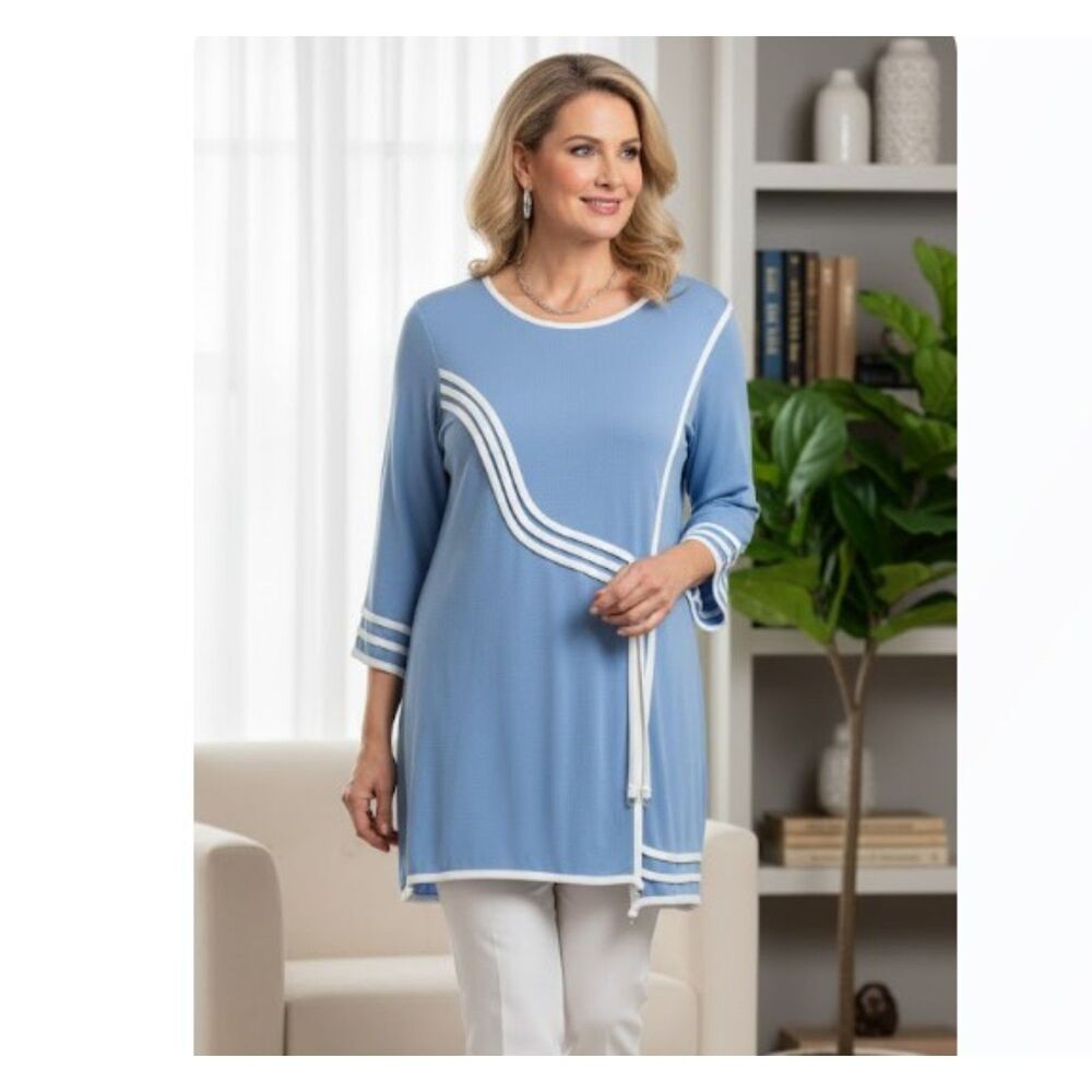 Fluide Paris Vintage 80s Blue Knix Blouse Pullover Flowing Top Womens Size XL